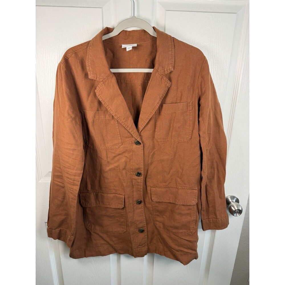 J Jill Linen Jacket M Rust Brown Chore Utility Blazer Relaxed Pockets